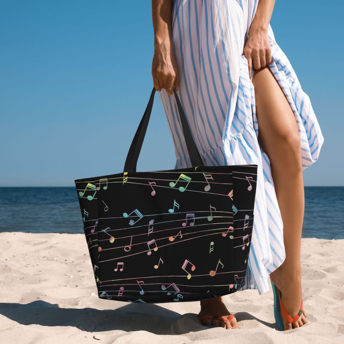 Yoga Fitness Music - Music Notation Musical Notes Beach Tote